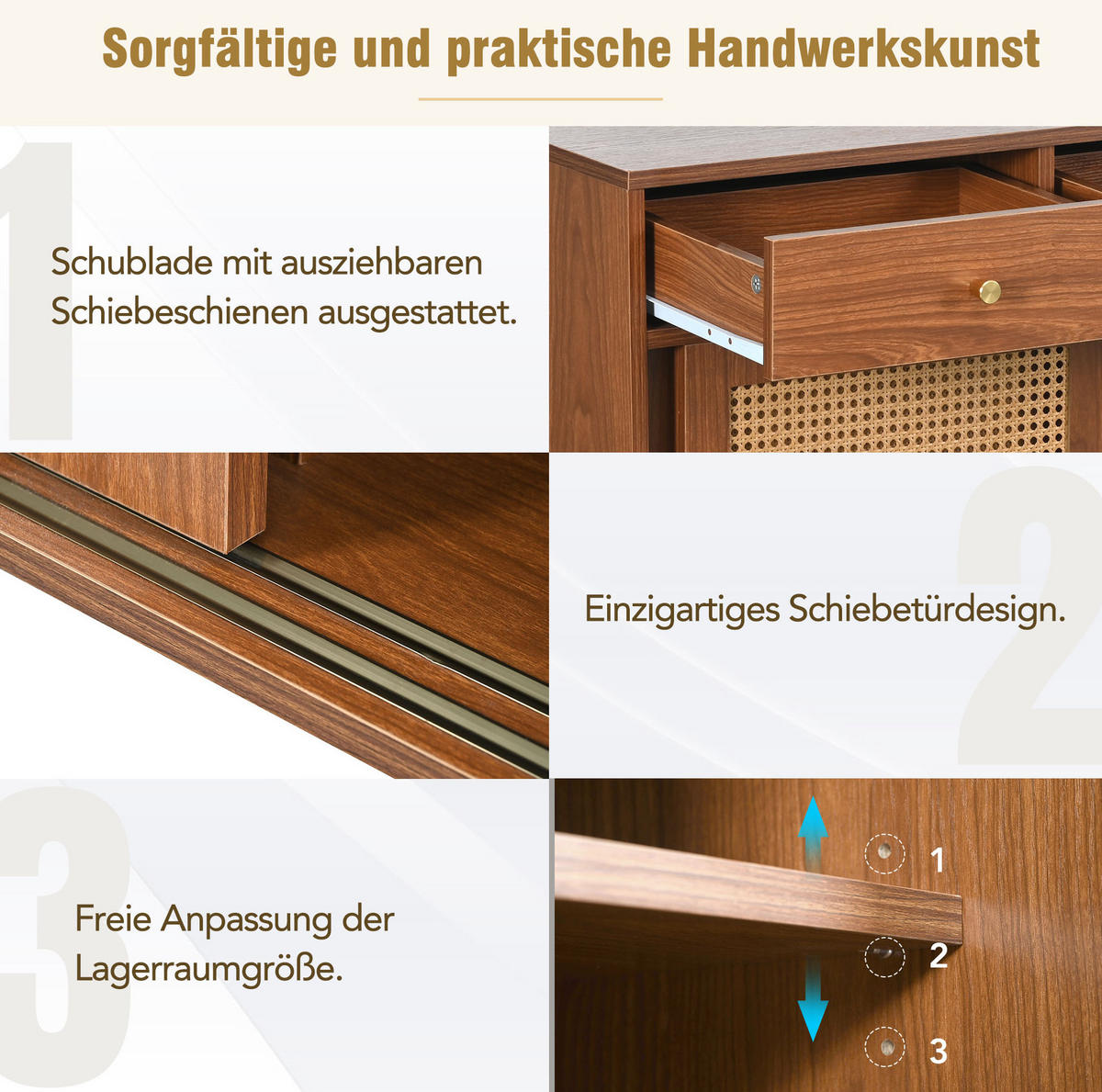 SIDEBOARD 120/40/78 cm in Walnuss mit 3 Schubladen, 3 Schiebetüren und Rattangeflecht - Eichefarben, Holzwerkstoff (120/78/40cm) - Flora Grace