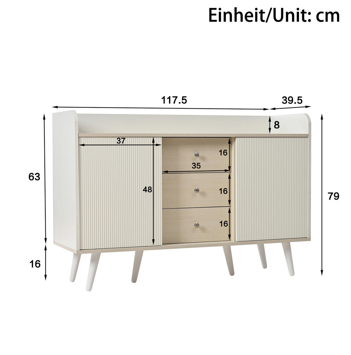 SIDEBOARD 117,5/39,5/79 cm mit 2 Schiebetüren & 3 Schubladen in Weiß/Holz - Weiß, Holzwerkstoff (117/80/70cm) - BEAOK
