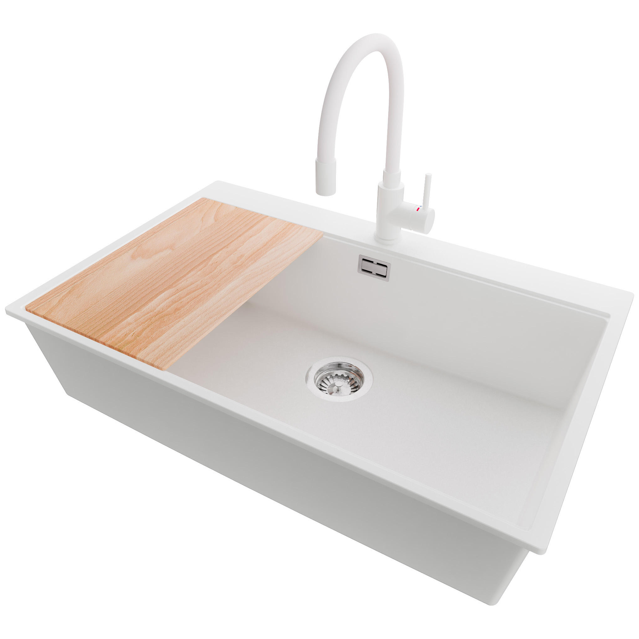 GRANITSPÜLE Oslo, 2-er set Weiß 78/50 cm 1 Becken + Küchenarmatur 38/14 cm + Ablauf-Set + Schneidebrett ab 80er Unterschrank - Chromfarben/Beige, Kunststoff (78/20/50cm) - Primagran