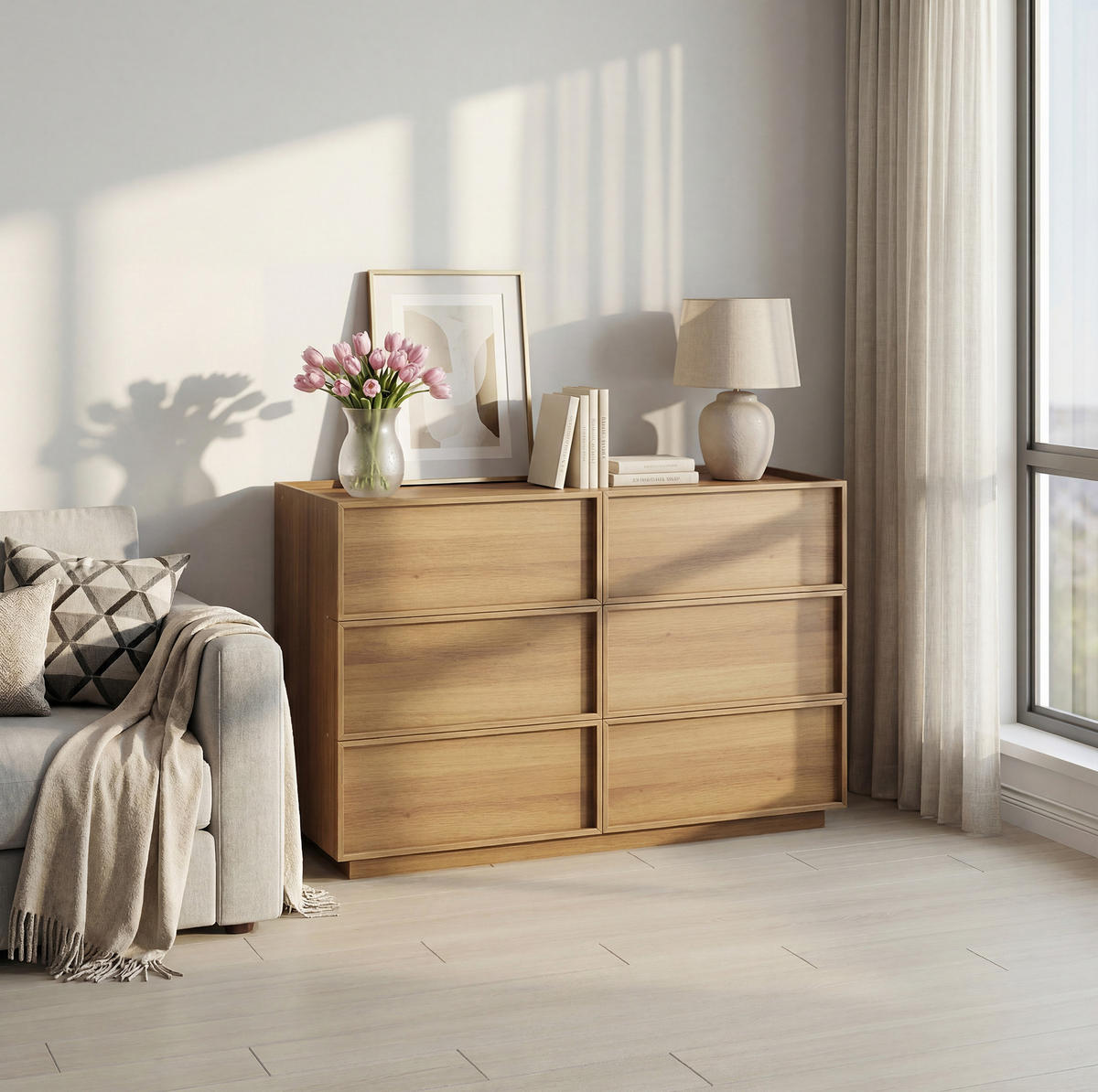 KOMMODE 115/48/78 cm in Eichefarben mit 6 Schubladen und griffloser Front - Nussbaumfarben, Holzwerkstoff (115/78/48cm) - Flora Grace