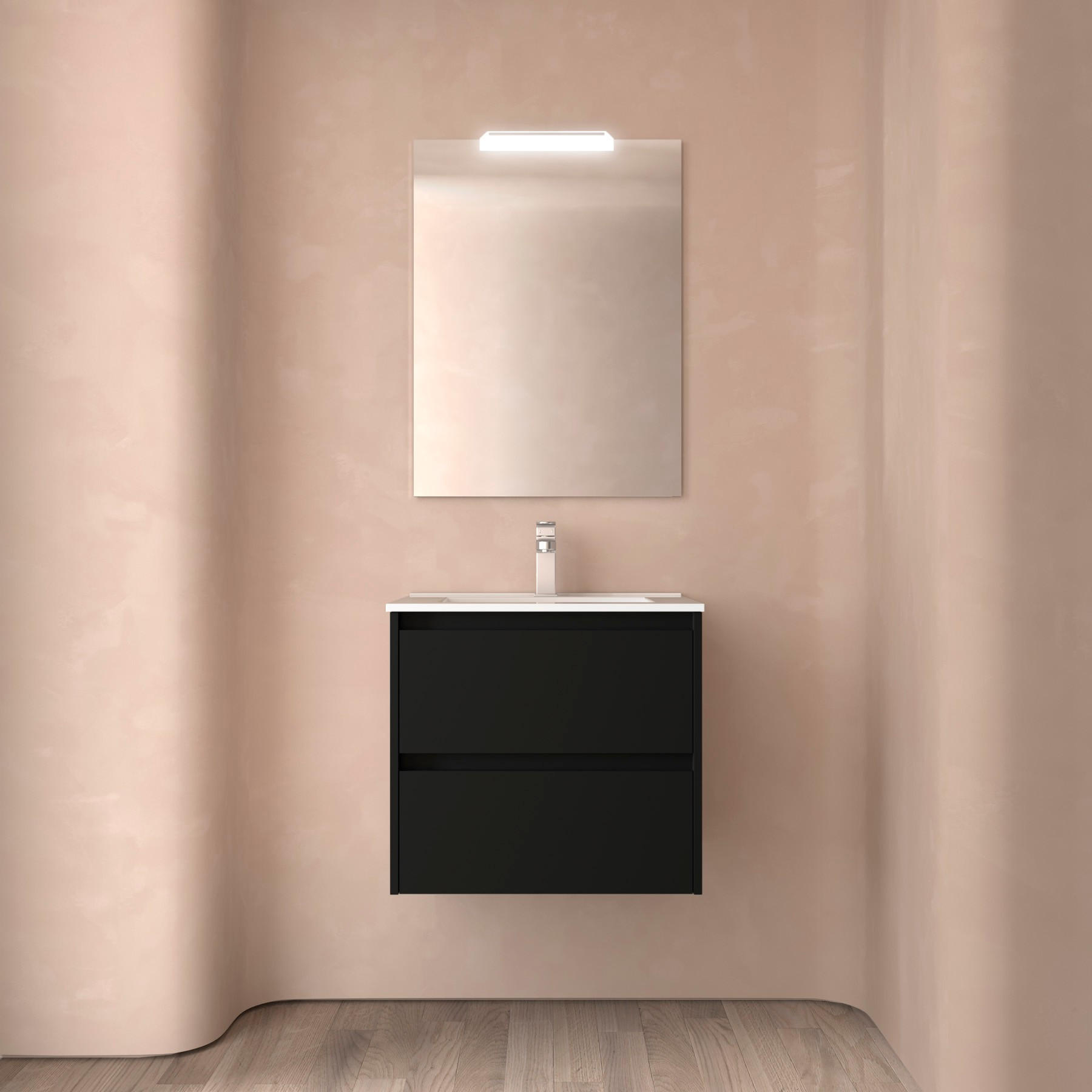 BADEZIMMERMÖBEL NOJA 600 2 Schubladen BLACK SATIN + Waschtisch + Spiegel - Schwarz, Metall (45/54/60cm) - Salgar