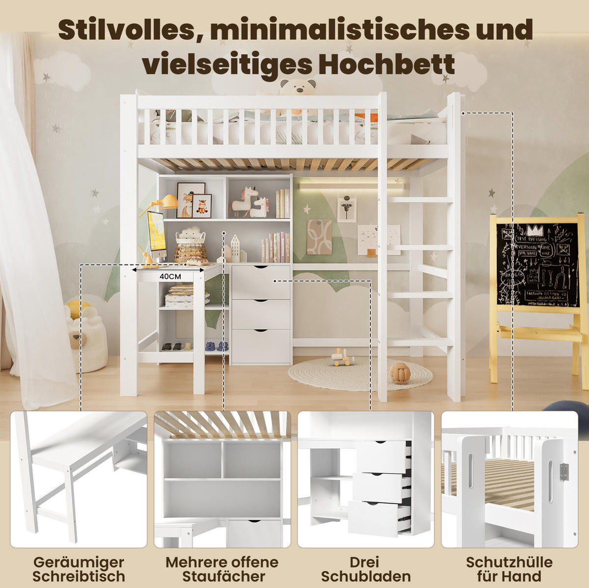 HOCHBETT 90/200 cm in Weiß mit Schreibtisch und 3 Schubladen - Weiß, Holz (90/200cm) - Flora Grace