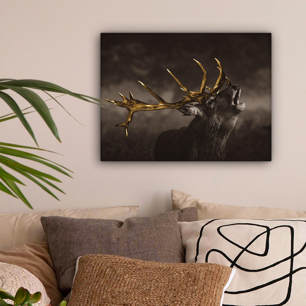 LEINWANDBILD Rotwild - Schwarz - Gold 40x30 cm - Braun, Textil (40/30cm) - MuchoWow