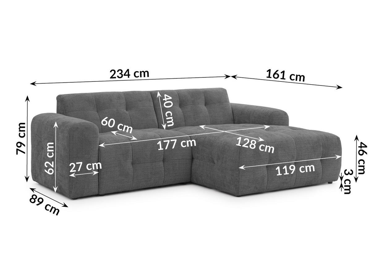 ECKSOFA inkl. Hocker Kozy im Bumpy-Design mit Schlaffunktion und fester Rückenlehne aus weichem Grau Chenille-Stoff - Ottomane rechts - Schwarz/Grau, Holz/Kunststoff (234/161cm) - S-Style Möbel