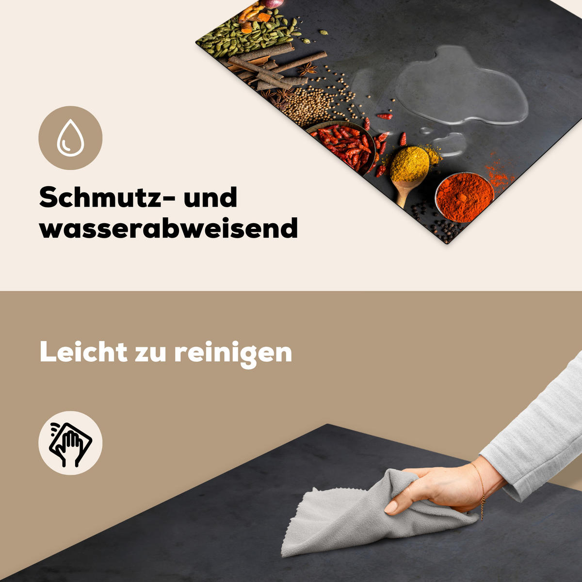 HERDABDECKPLATTE Kräuter - Lebensmittel - Gewürze - Schwarz - Paprika - Zimt Herdabdeckung Induktionsfeld 65x52 cm - Currygelb, Kunststoff (65/52/0.2cm) - MuchoWow