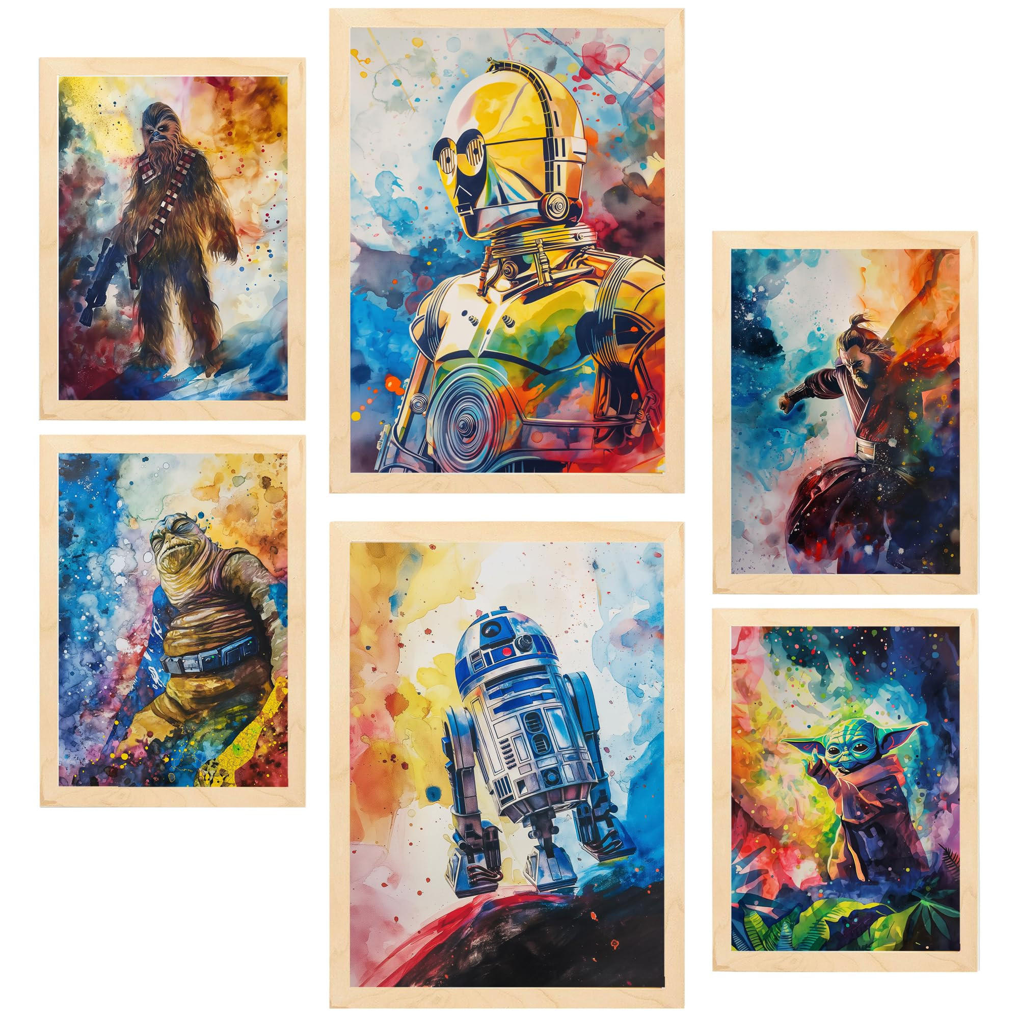 POSTER Set Mit 6 Star Wars In Voller Farbe A3 & A4 Rahmen Aus Hellem Holz - Beige, Papier (29/3cm) - Nacnic