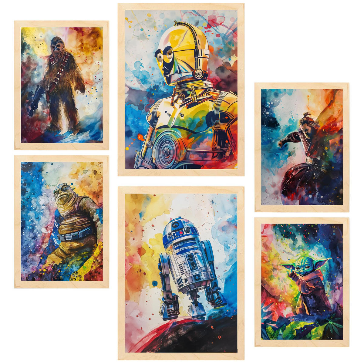 POSTER Set Mit 6 Star Wars In Voller Farbe A3 & A4 Rahmen Aus Hellem Holz - Beige, Papier (29/3cm) - Nacnic