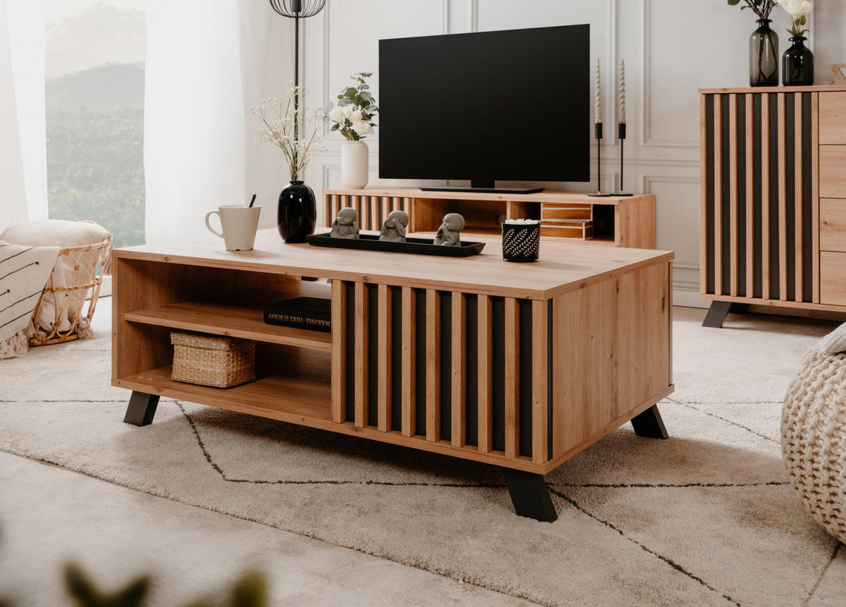 COUCHTISCH Eiche Artisan, anthrazit 110 cm, Wohnzimmertisch Industrial-Design mit Stauraum - Anthrazit/Eiche Artisan, Holzwerkstoff/Metall (67/111/42cm) - Furn.Design