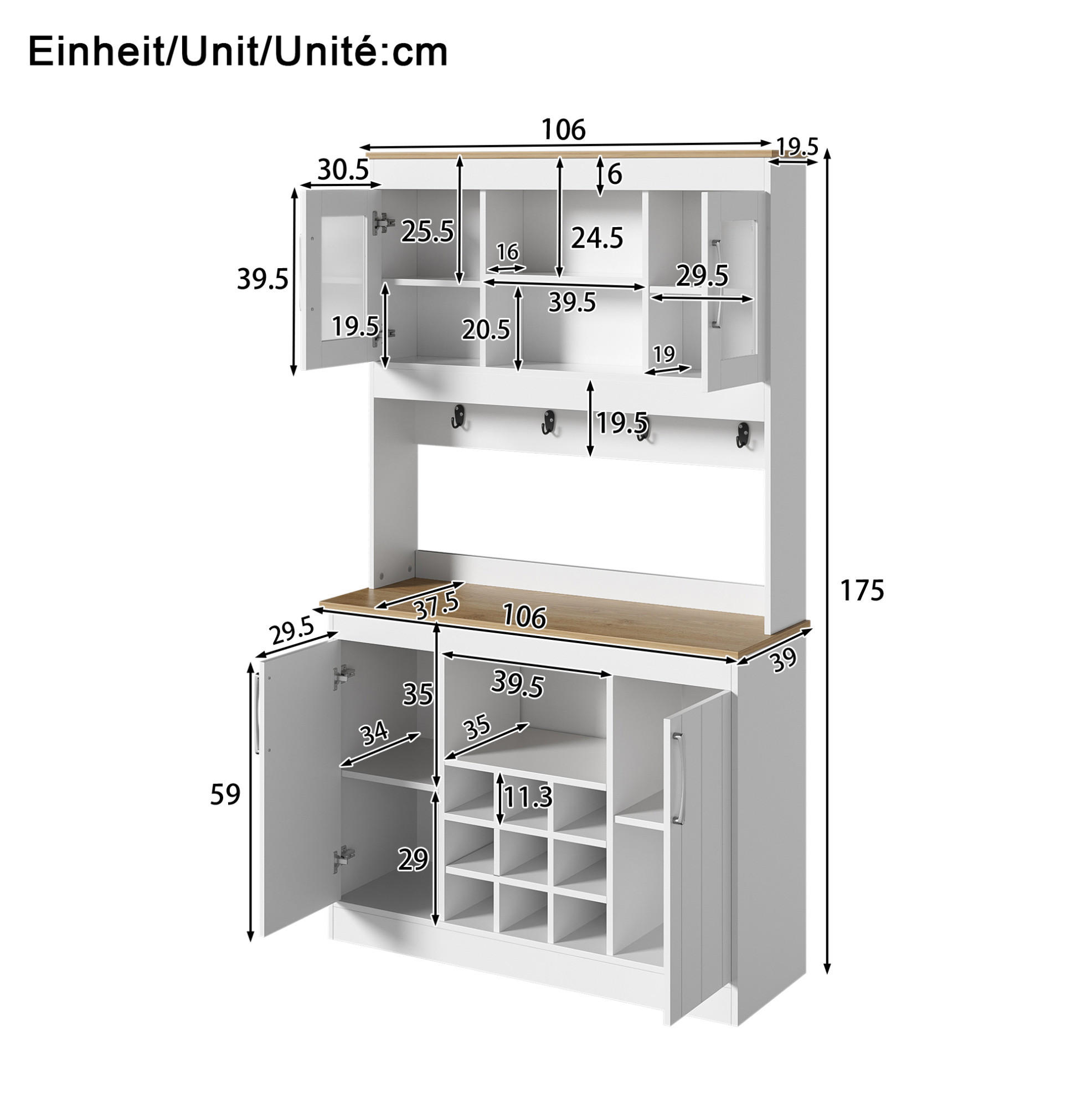 KÜCHENBUFFET mit Glastüren Weinregal 106 x 39 x 175 cm Weiß/Natur - Weiß, Holzwerkstoff (39/175/106cm) - Meubliv