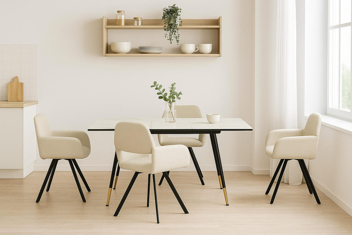 ESSZIMMER SET ausziehbarer Tisch und 4 drehbare Stühle mit beige Stoffbezug - Beige/Schwarz, Holzwerkstoff/Metall (80/75/160cm) - Urban Meuble