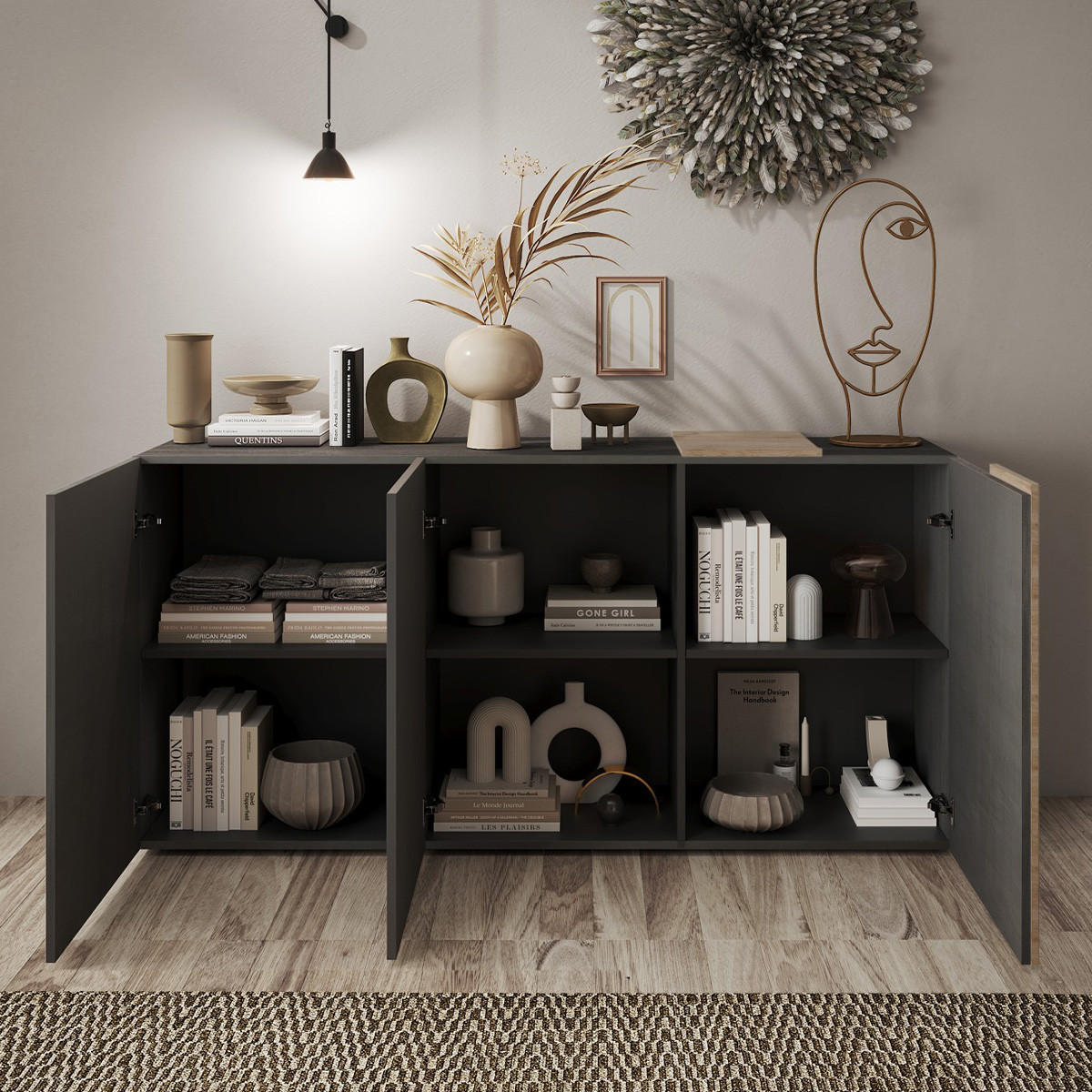 SIDEBOARD 3 Türen Pluton - L181 cm - Eschefarben, Holzwerkstoff (44/84/181cm) - Calicosy