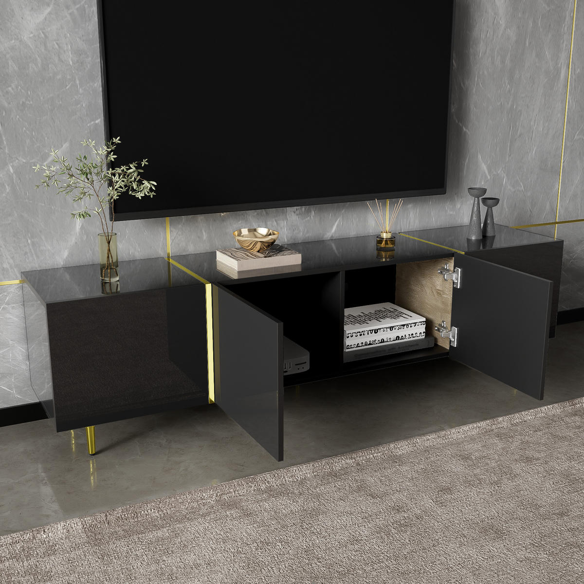 TV-SCHRANK Hochglanz in Weiß mit vier Türen 170/35/46 cm - Schwarz, Holzwerkstoff (170/46/35cm) - Redom