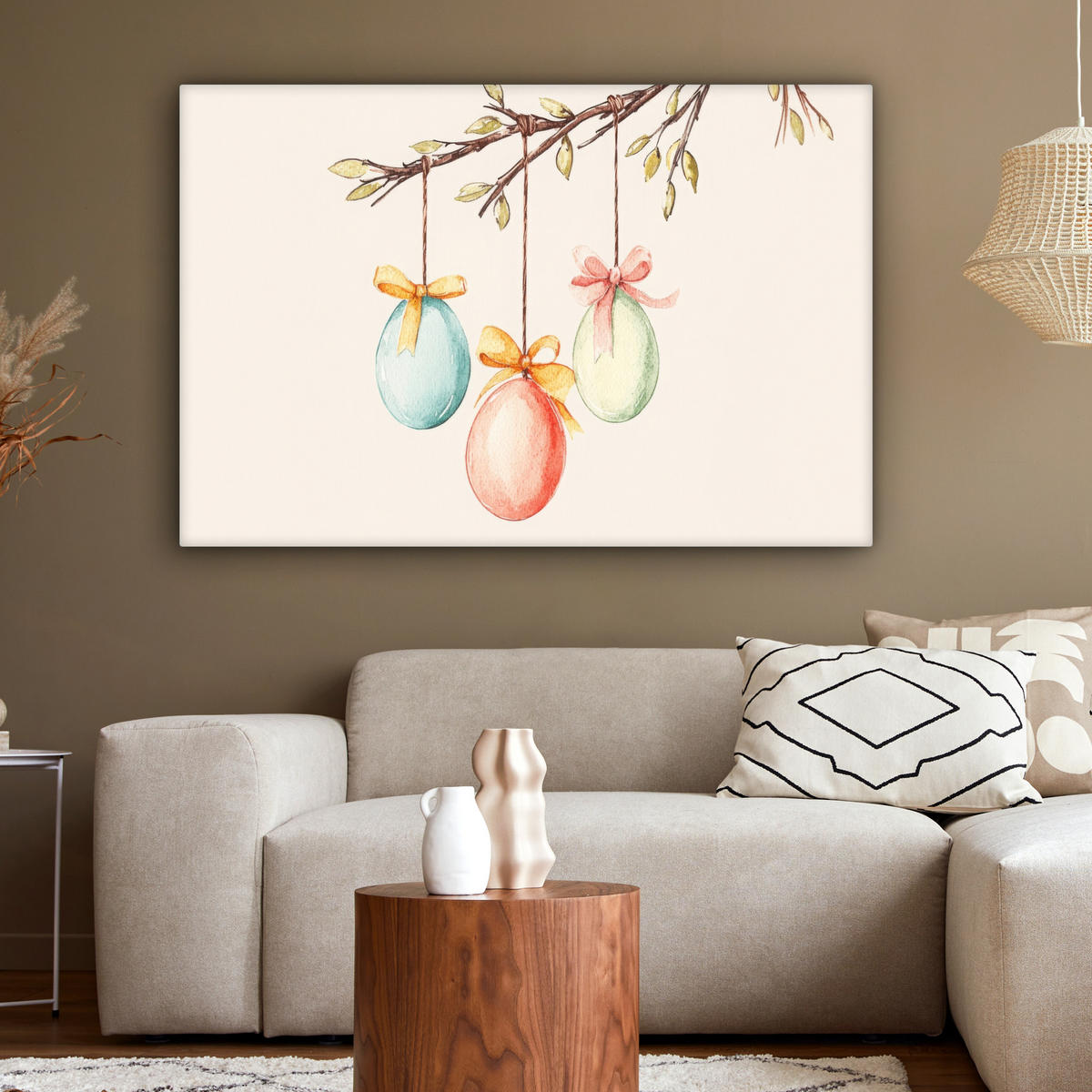 LEINWANDBILD Osterkuchen - Schleife - Eier XXL 150x100 cm - Creme, Textil (150/100cm) - MuchoWow