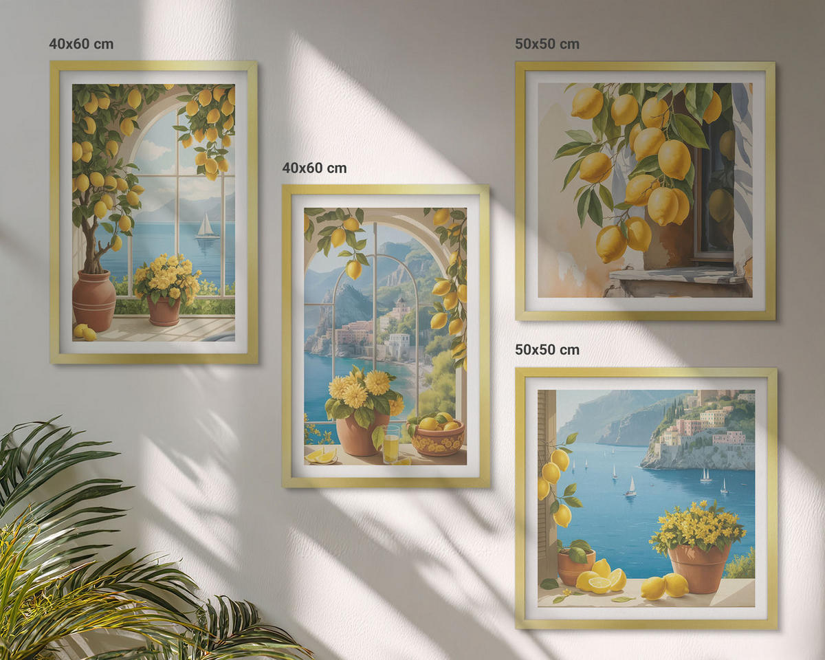 BILDER SET 4er Set - 50x50 cm & 40x60 cm Goldrahmen - Meereslandschaften, Zitronen, Fenster - Goldfarben, Kunststoff (50/50cm) - TULUP