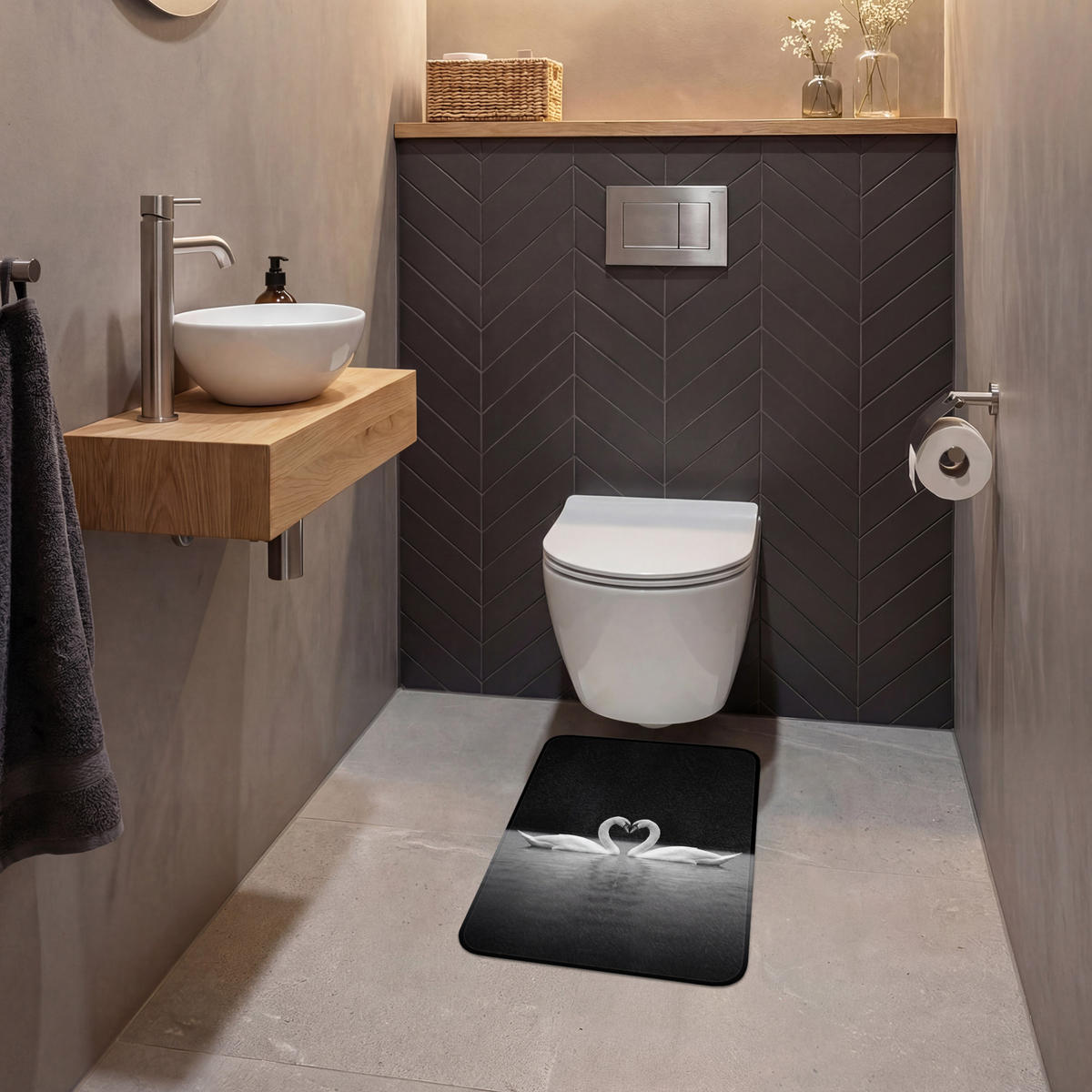 WC PŘEDLOŽKA Labutě - srdce - černá - bílá 40x60 cm - černá, textil/plast (40/1cm) - OnlyWow