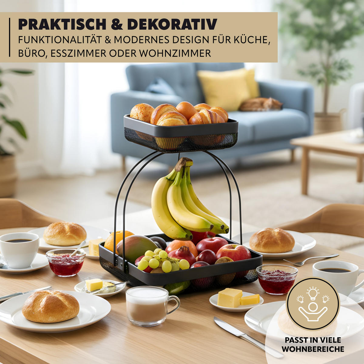 OBSTETAGERE mit Bananenhalter, schwarz, eckig - Schwarz, Metall (31/38.5cm) - eluno