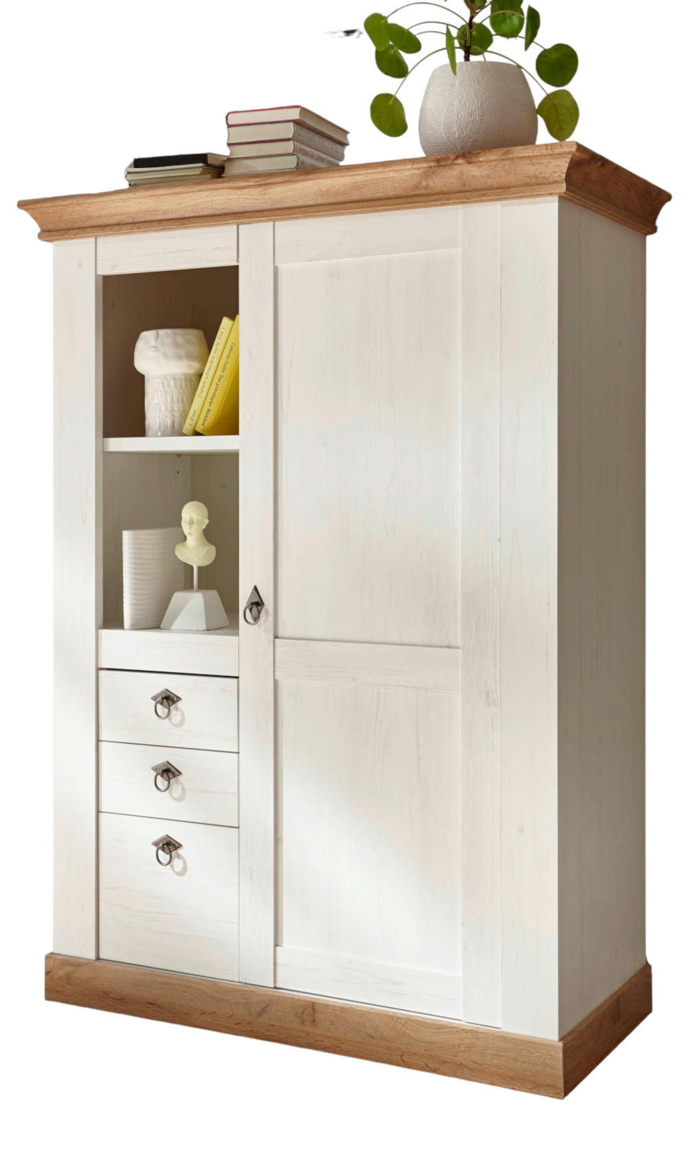 HIGHBOARD weiß Pinie, Eiche, Landhaus Kommode 100 x 140 cm - Silberfarben/Eiche Wotan, Holzwerkstoff/Metall (102/139/44cm) - Furn.Design
