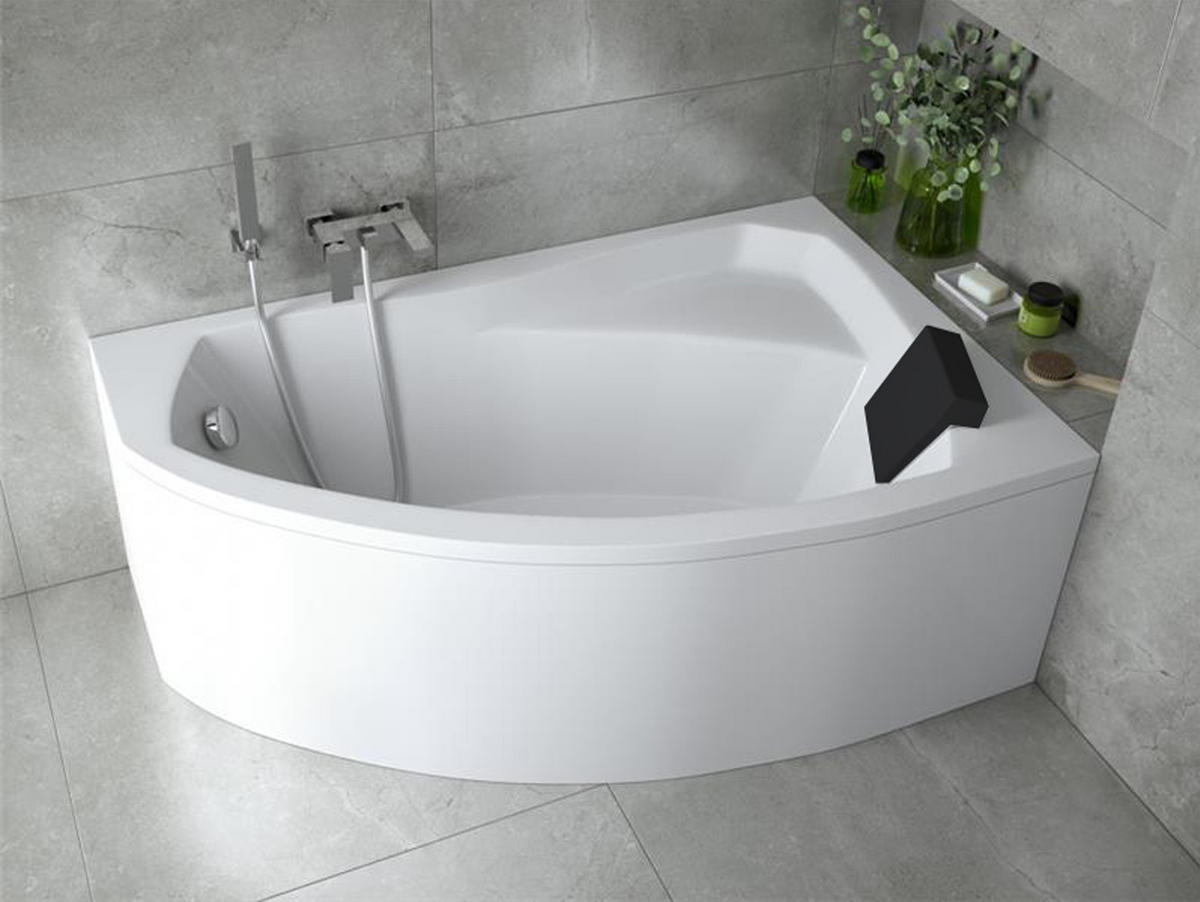 BADEWANNE Eckwanne RIMA 130/85 Rechts mit schwarzer Kopfstützen Ablauf Füße - Weiß, Kunststoff (85/58.5/130cm) - bad land