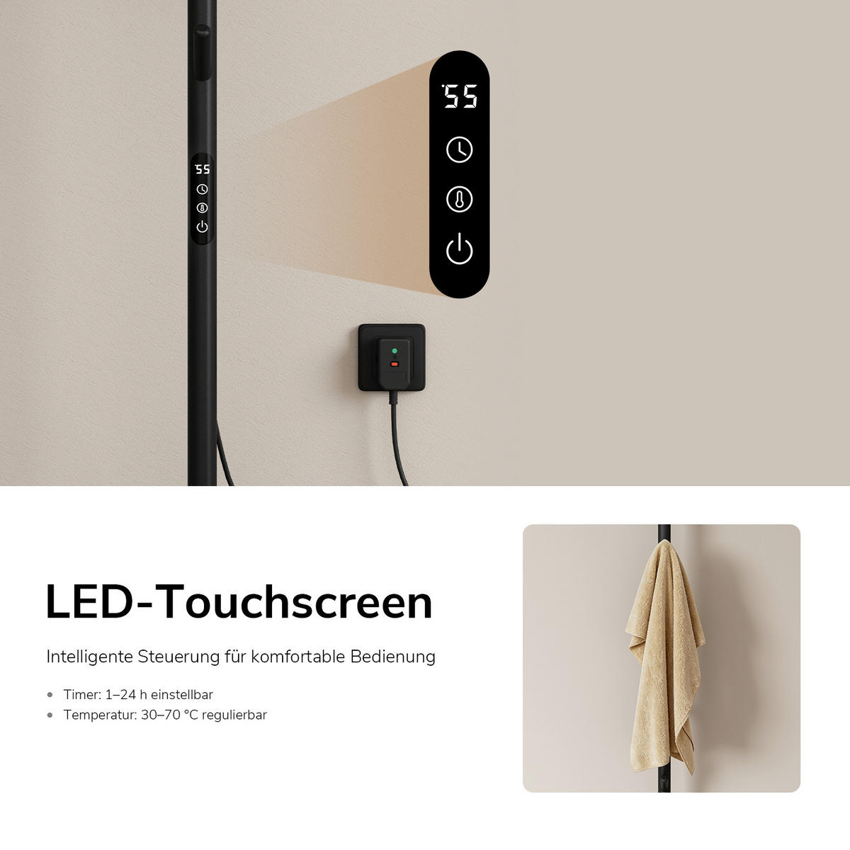 HANDTUCHHALTER elektrisch Standmodell in Baumform mit LED Touch Display/App-Steuerung Schwarz 150/32 cm - Schwarz, Metall (32/150/32cm) - EMKE