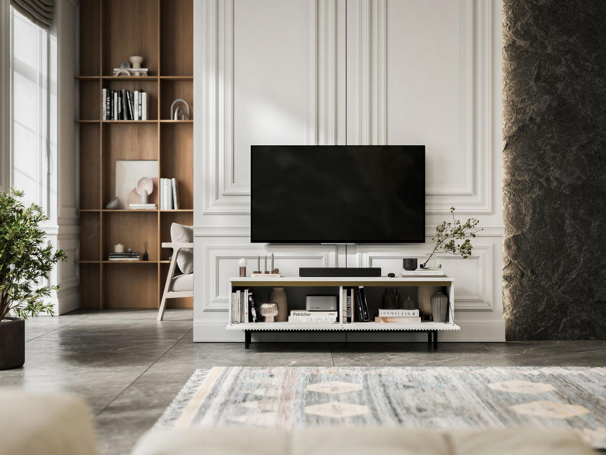 TV-SCHRANK Selene Weiß Matt mit Metallrahmen 140 cm - Schwarz/Weiß, Holzwerkstoff (140/44/35cm) - Meble Lindner