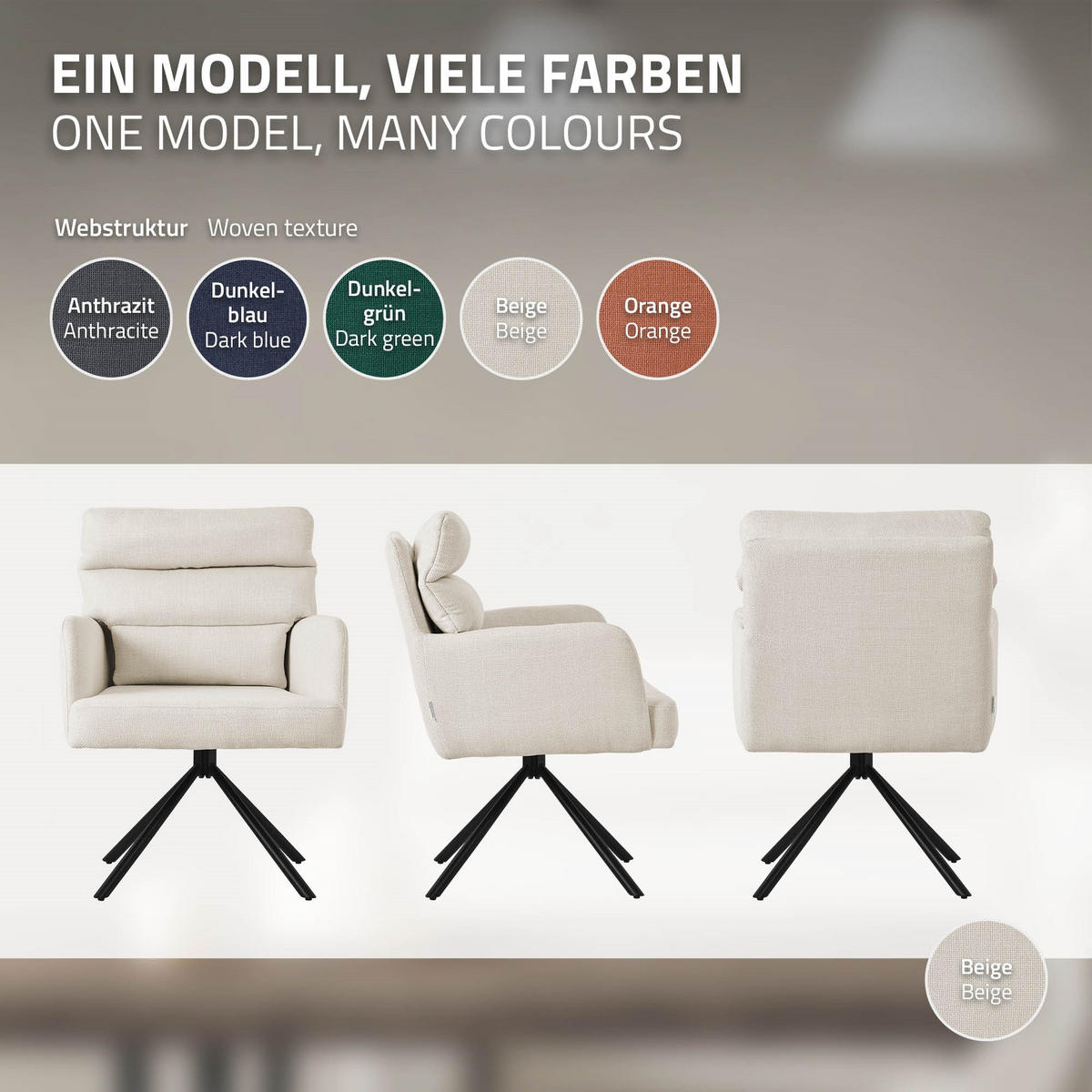 ESSZIMMERSTUHL 2er Set drehbar Beige Stoffbezug - Beige/Schwarz, Textil/Metall (64.5/93/64cm) - ML-DESIGN