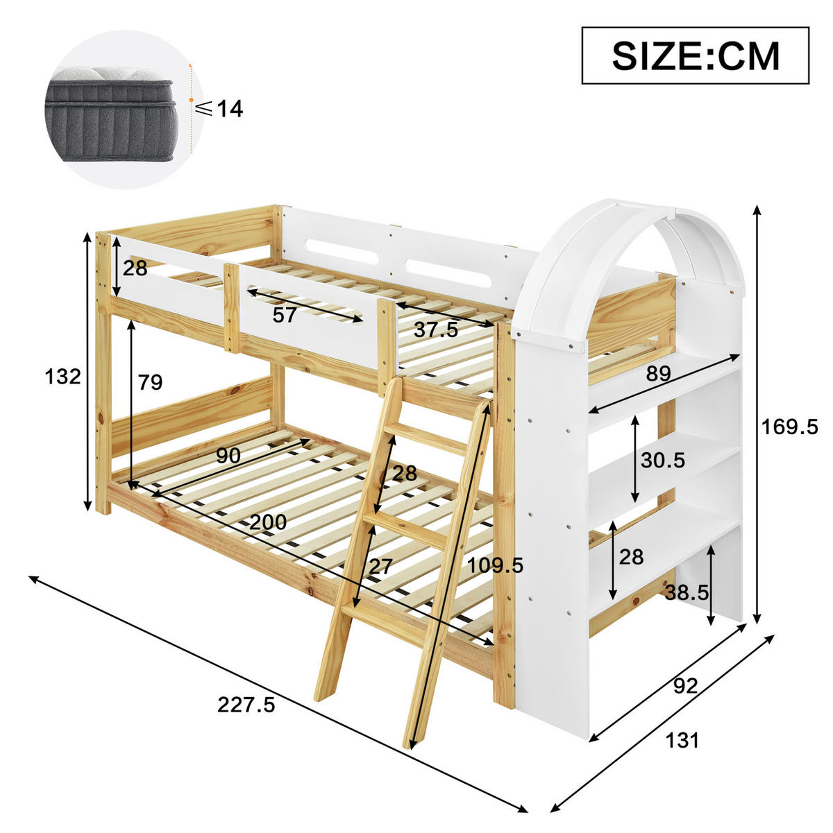 HAUSBETT 90/200 cm in Weiß/Natur mit Regal und Trittleiter - Naturfarben, Holzwerkstoff (90/200cm) - BEAOK
