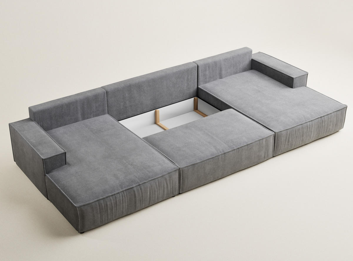 WOHNLANDSCHAFT Kyoto Grau Webstoff - Schwarz/Grau, Holz/Holzwerkstoff (398/70/148cm) - Maison de Reve