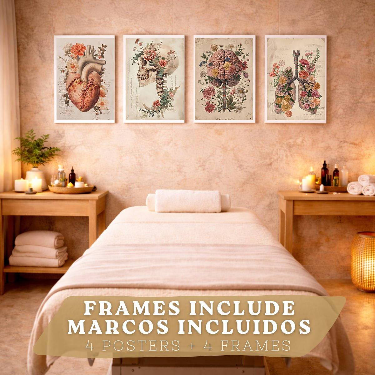 POSTER Set aus 4 Vintage Anatomie Drucke und Wandbilder mit Blumen Herz Lungen Schädel und Gehirn Medizinische Wanddekoration Größe Weißer Rahmen A3 - Weiß, Papier (29.7/42/3cm) - Nacnic