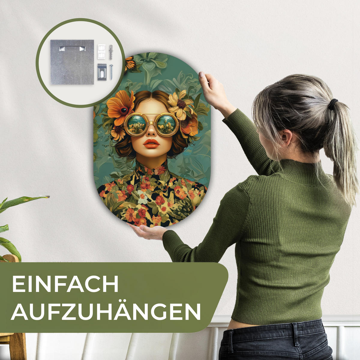 WANDBILD Frau - Blumen - Schmetterlinge - Natur - Vintage 40x60 cm - Petrol, Kunststoff (40/60cm) - MuchoWow