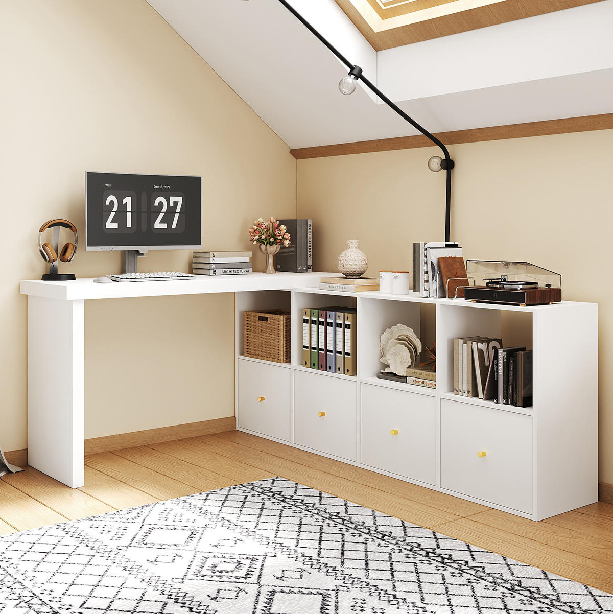 PISAĆI stol od MDF-a 140x35x74 cm bijela s okretnom pločom 360°, 4 pretinca, 4 ladice i zaštitom od prevrtanja - bijela, drvni materijal (140/74/35cm) - Modfu