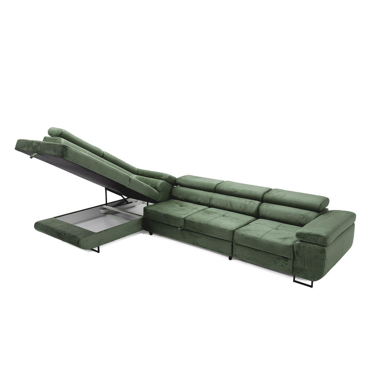ECKSOFA WILD MAXI L Links mit Schlaffunktion 125x195 Velours Dunkelgrün - Chromfarben/Dunkelgrün, Holz/Textil (203/350cm) - Muffo