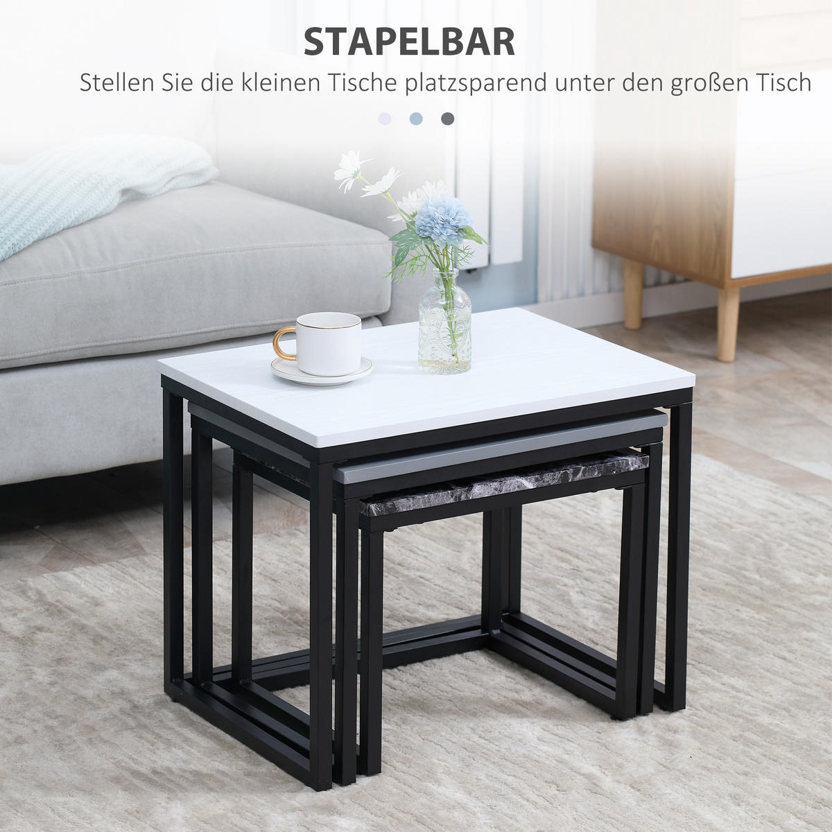 COUCHTISCH-SET, MDF, Weiß+Grau+Schwarz - Weiß, Kunststoff (55/40/45cm) - HOMCOM