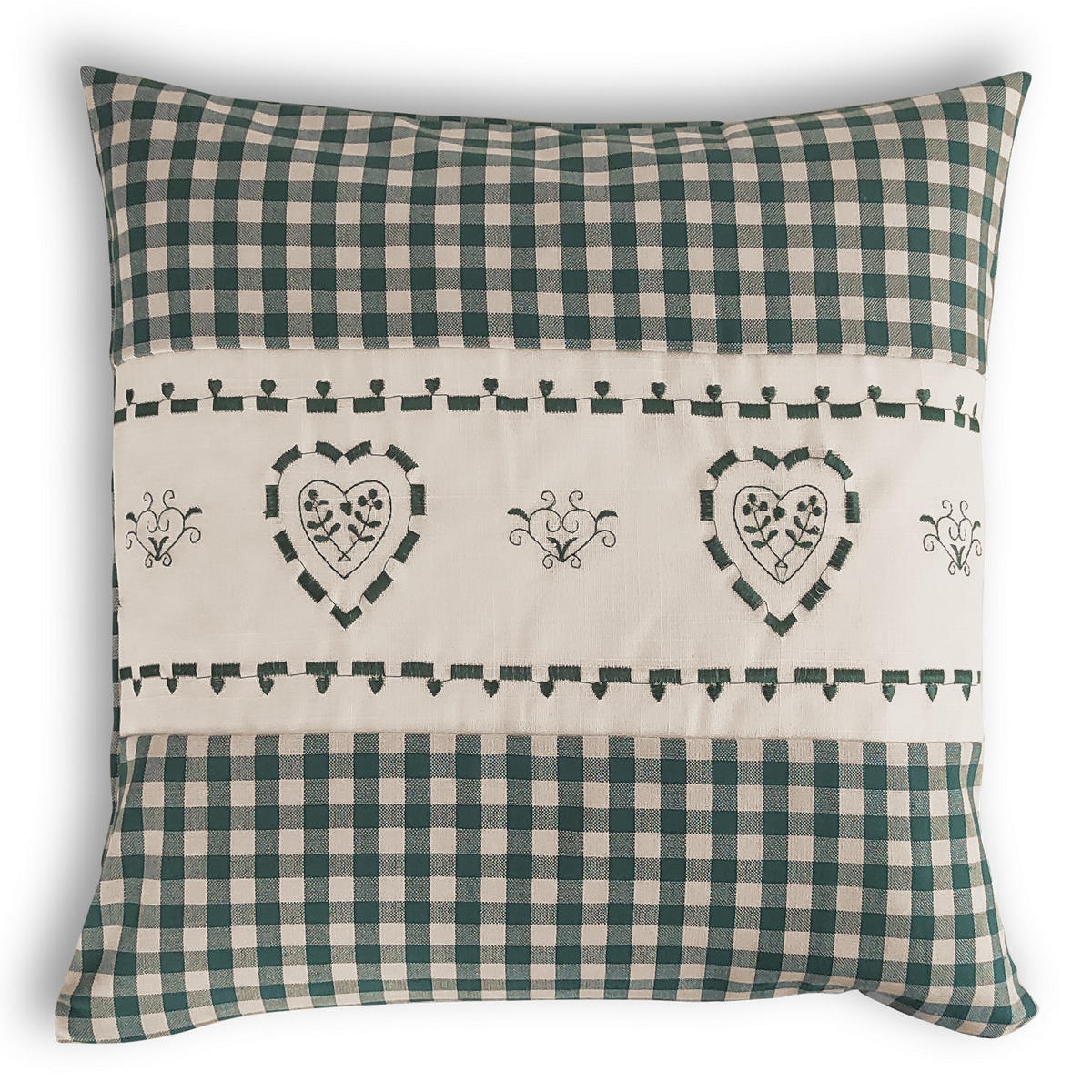 KISSENHÜLLE Herz grün 40/40 cm Landhaus-Stil Stickerei mit Reißverschluss - Beige/Grün, Textil (40/40cm) - wometo