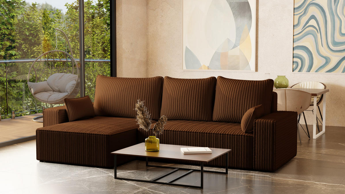 ECKSOFA Tobi mit Bettkasten und Schlaffunktion, L-Form/XL-Form, Cordstoff, Universal - Braun, Holzwerkstoff (276/145cm) - 4ALL HOME