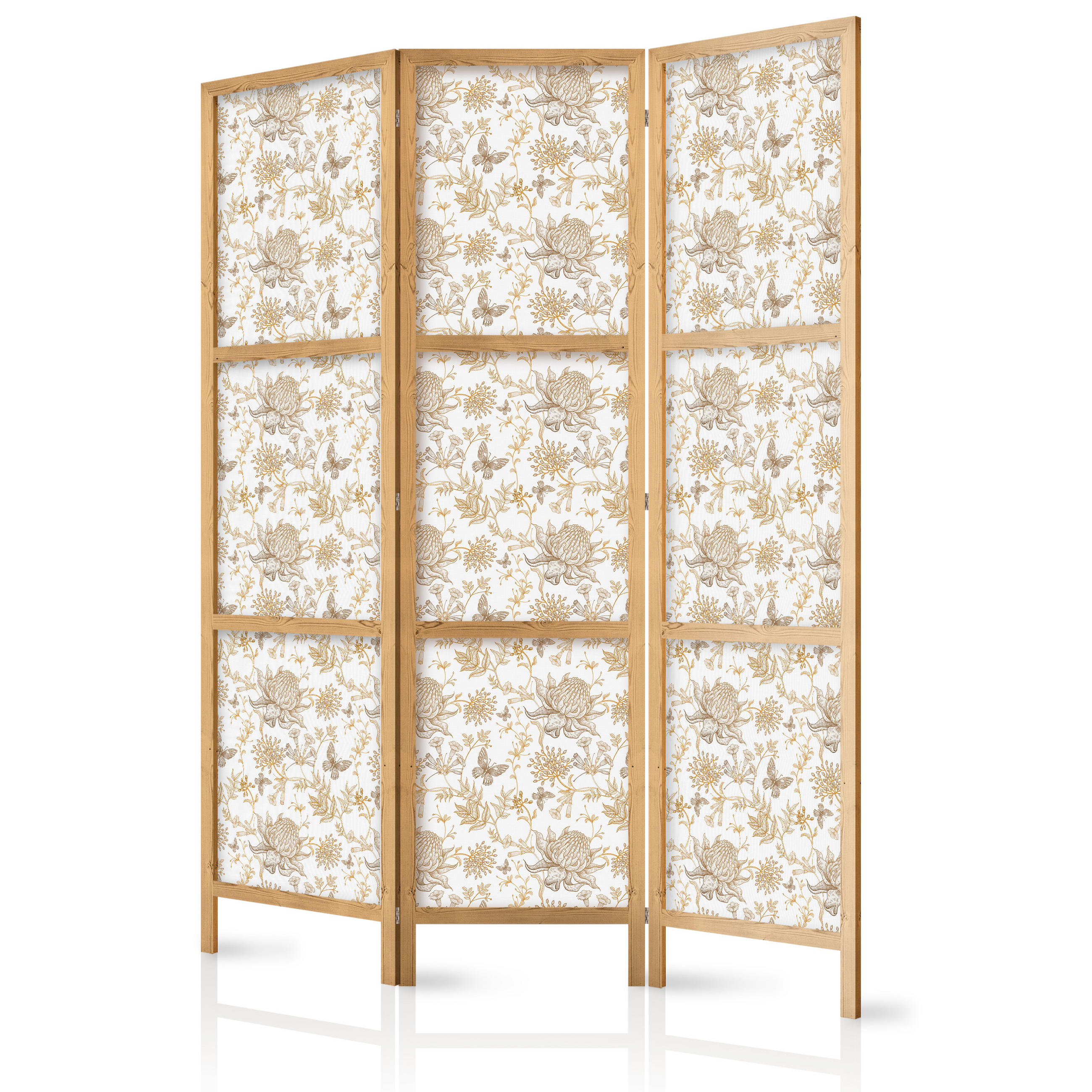 PARAVENT Japanischer 3-tlg 135x172 cm Braune Bl tter - Beige, Holz/Textil (135/172/3cm) - Muralo