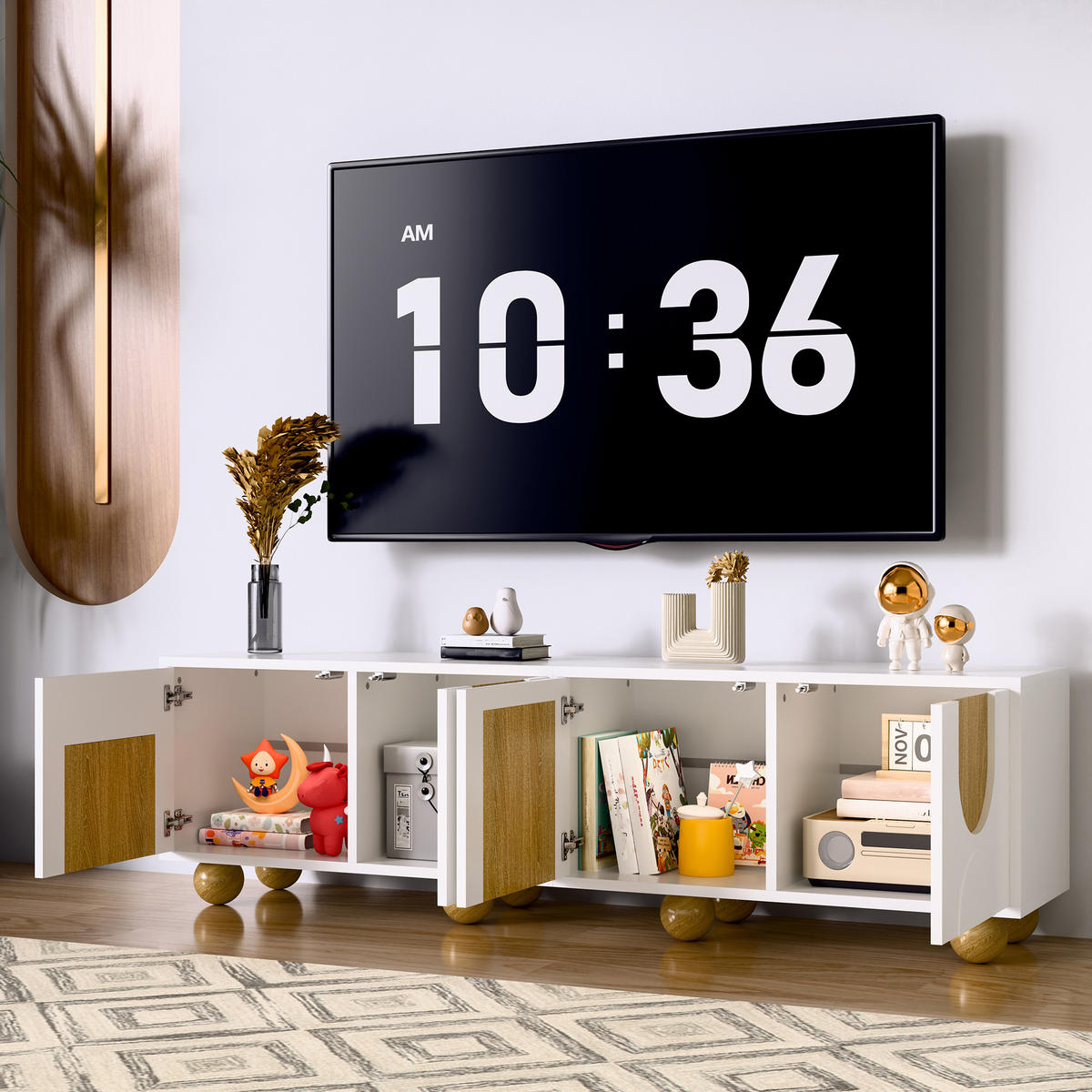LOWBOARD in Naturfarben und Weiß TV-Schrank mit vier Türen für Wohnzimmer, B175/T38/H50 cm - Naturfarben/Weiß, Holzwerkstoff/Metall (175/50/38cm) - STILVORA