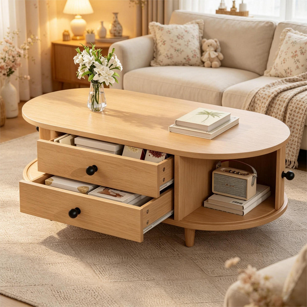 COUCHTISCH mit seitlichen Rolltür 2 Schubladen kompakt stabil heller Holzton 100/50/36 cmMDF/Massivholzbeine - Hellbraun, Holzwerkstoff (100/50/36cm) - EVRYAE