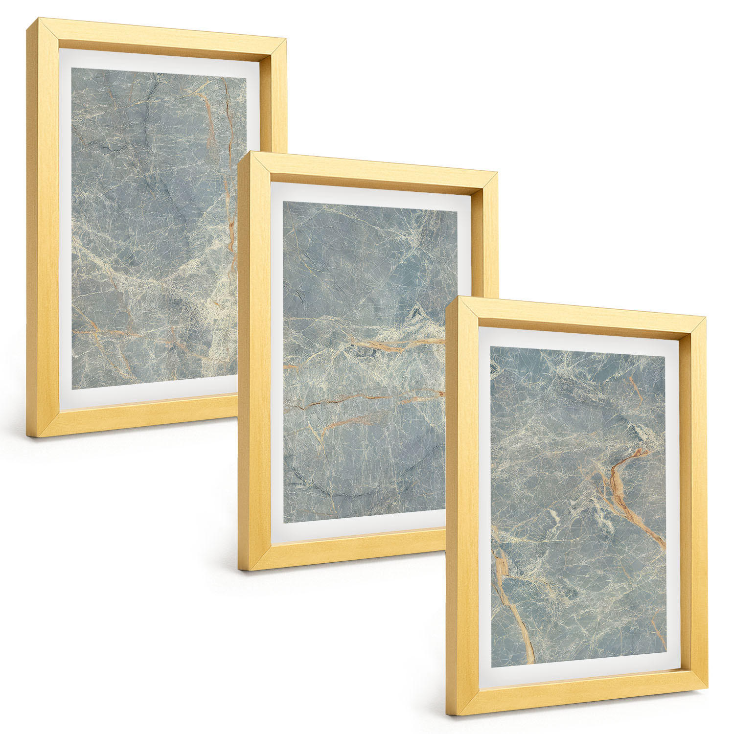 BILDER SET 3er Set - 20x30 cm Goldrahmen - Dekorativer Stein aus grünem Marmor - Goldfarben, Kunststoff (20/30cm) - TULUP