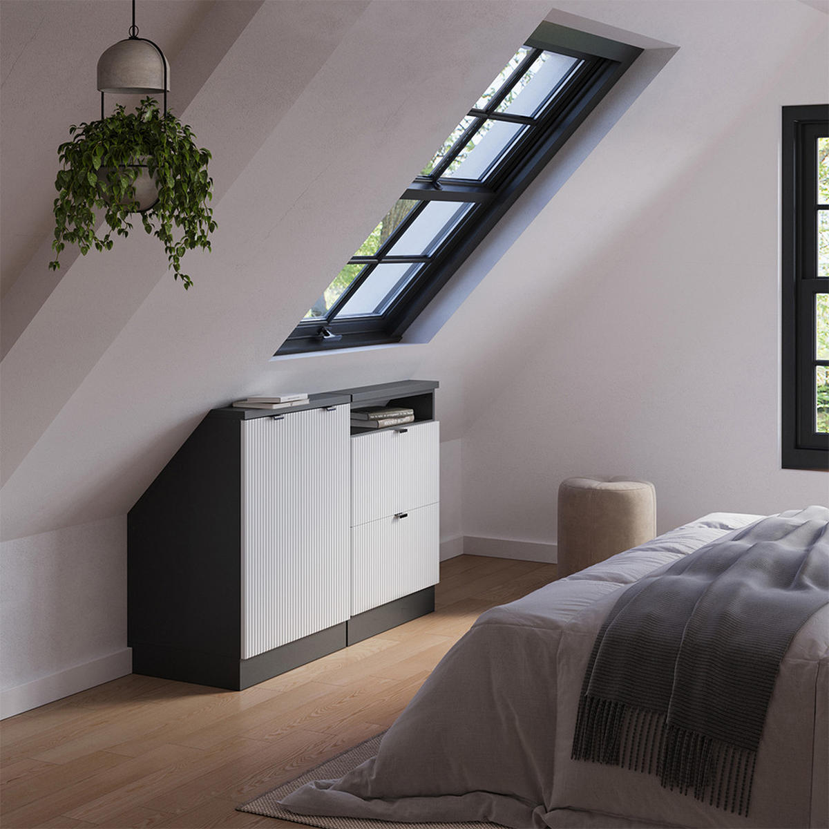 DACHSCHRÄGENSCHRANK-SET Rion Weiß Riffel 120 cm 2er Set - Weiß, Holzwerkstoff (120/81.6/46cm) - Vicco