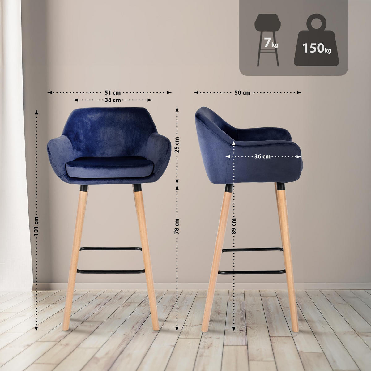 BARHOCKER Samt dunkelblau - Eukalyptusholzfarben/Dunkelblau, Holz/Textil (51/101/50cm) - CLP
