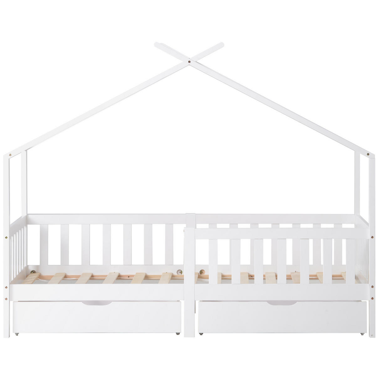 HAUSBETT aus Kiefer 90x200 cm Weiß mit 2 Schubladen, Zaun und Lattenrost - Weiß, Holzwerkstoff (90/200cm) - Modfu