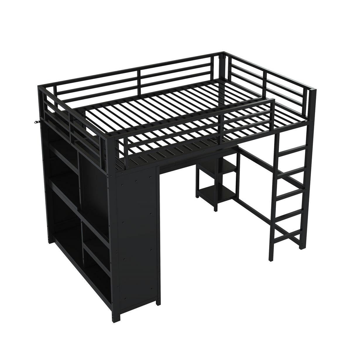 HOCHBETT 140/200 cm aus Metall mit LED-Beleuchtung, Schreibtisch und Kleiderstange - Schwarz, Metall (140/200cm) - Flora Grace