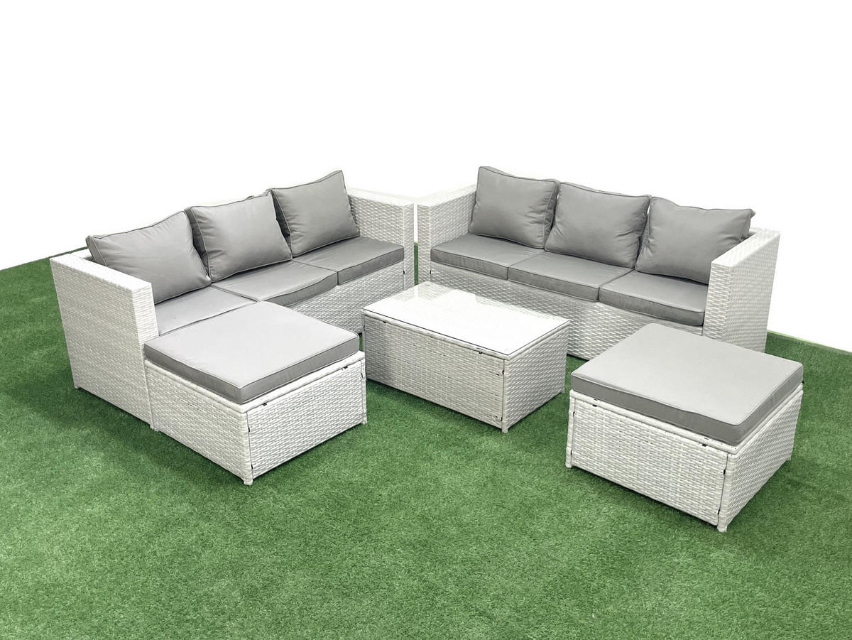 GARTENGARNITUR mit 3-SITZER SOFA,COUCHTISCH Polyrattan Hellgrau-Mix 8-Sitzer - Hellgrau/Grau, Glas/Kunststoff - Fimous