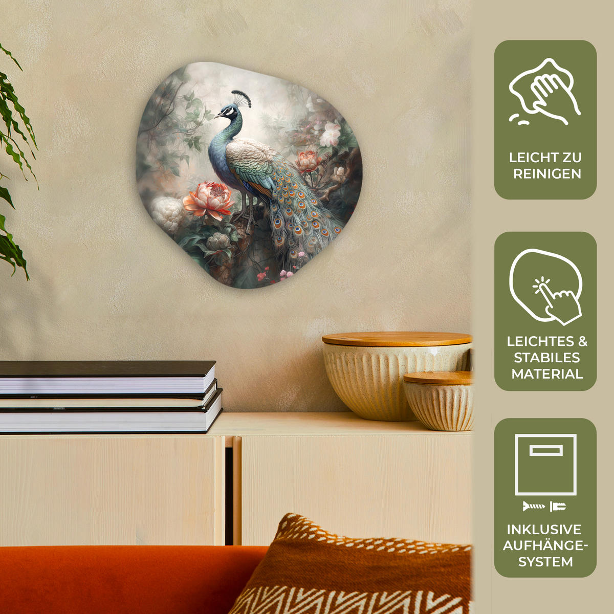 WANDBILD Pfau - Pfauenfedern - Vogel - Dschungel - Blumen 40x40 cm - Smaragdgrün, Kunststoff (40/40cm) - MuchoWow