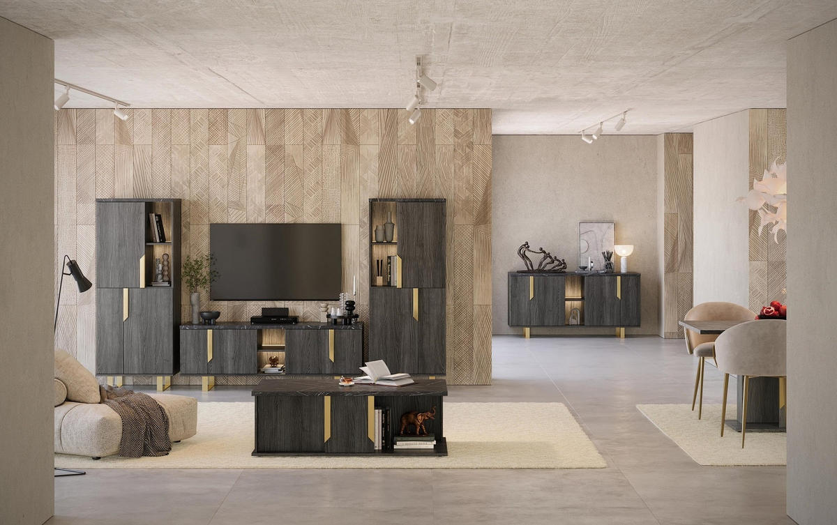 SIDEBOARD ORION 165/205 cm in Rosenholzoptik mit Marmoroptik - Goldfarben/Schwarz, Holzwerkstoff/Metall (165/83/49cm) - Interdesign24