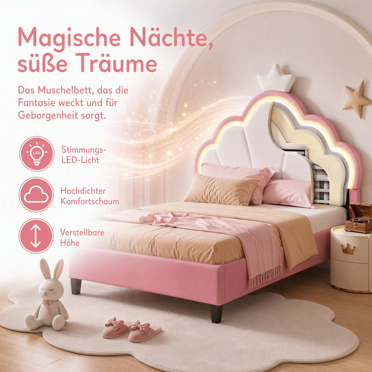 KINDERBETT 140x200 cm mit LED, Kronen-Kopfteil, höhenverstellbar, Samt - Multicolor, Holz/Textil (140/200cm) - GENKI LIVING
