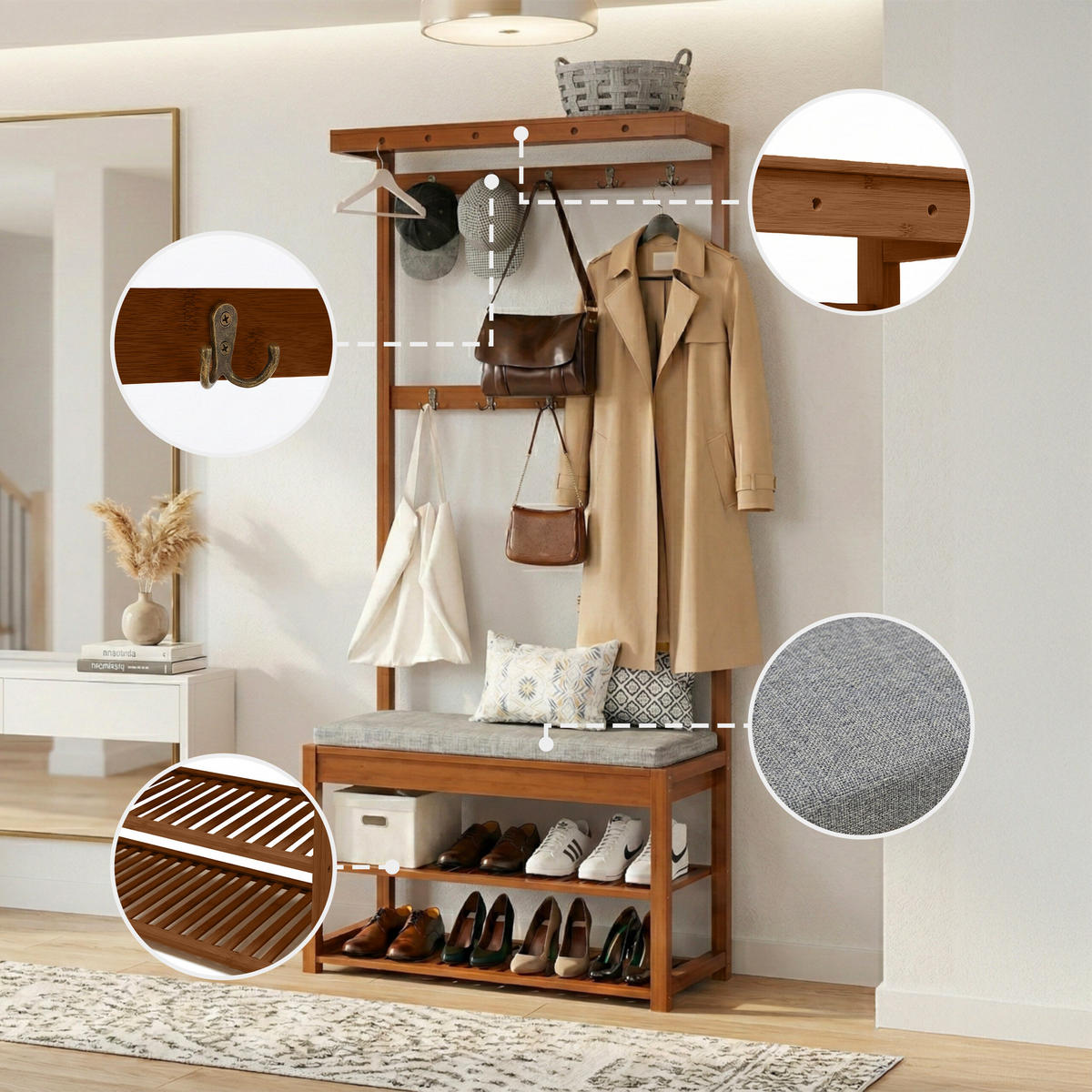 VĚŠÁK na kabát - hnědá, dřevo/textil (70/175/33cm) - Relaxdays