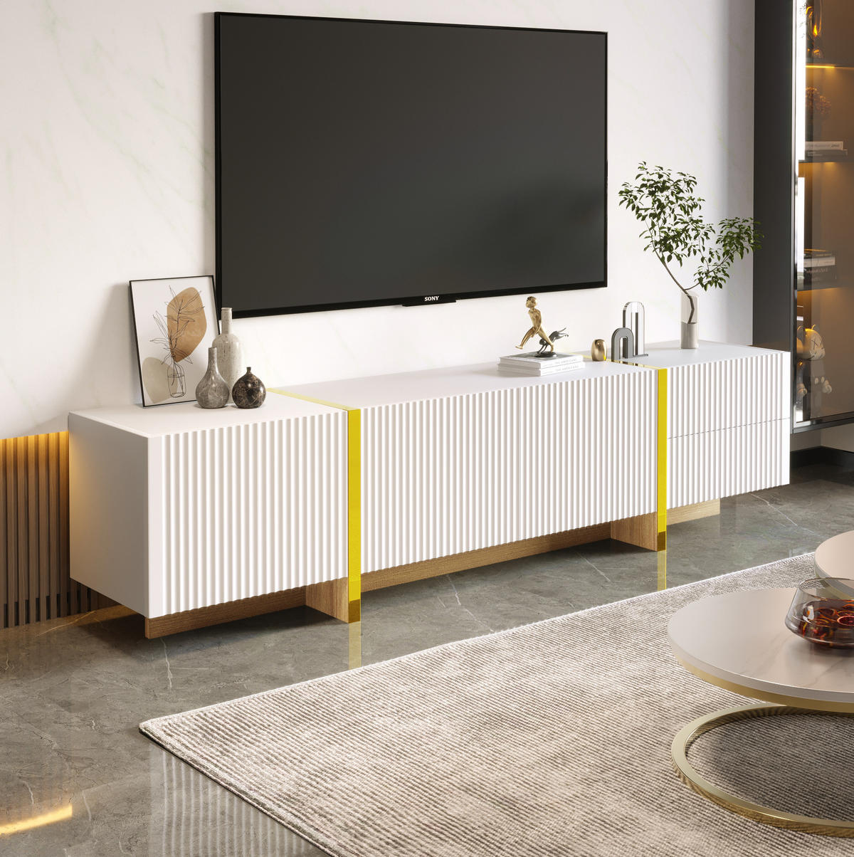 TV-SCHRANK aus MDF und Spanplatte 190x35x45 cm Weiß, Gold und Holzmaserung mit 3 Türen, 2 Schubladen und Dämpfungsscharnieren - Weiß, Holzwerkstoff (190/45/35cm) - Modfu