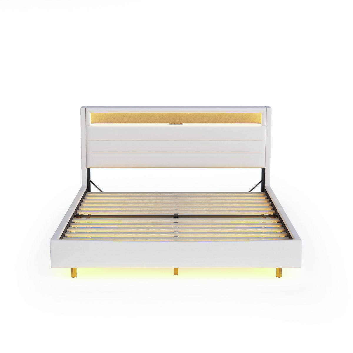 ČALOUNĚNÁ postel 140/200 cm béžová z lněné tkaniny s USB, LED a otočným čelem - béžová, textil (140/200cm) - OKWISH