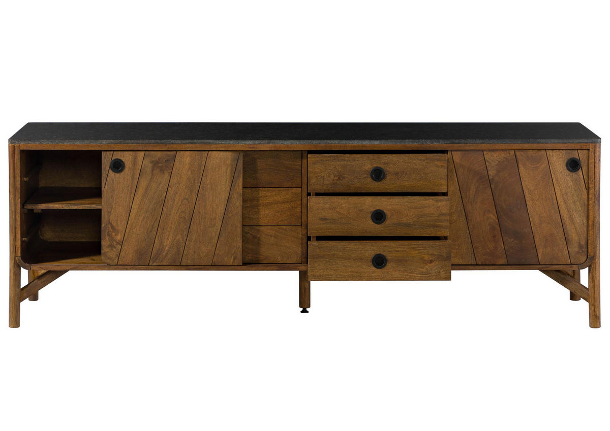 SIDEBOARD Mango 200x45x65 braun geölt / dunkler Granit LOS ANGELES #113 - Braun, Holz (200/65/45cm) - Massivmoebel24